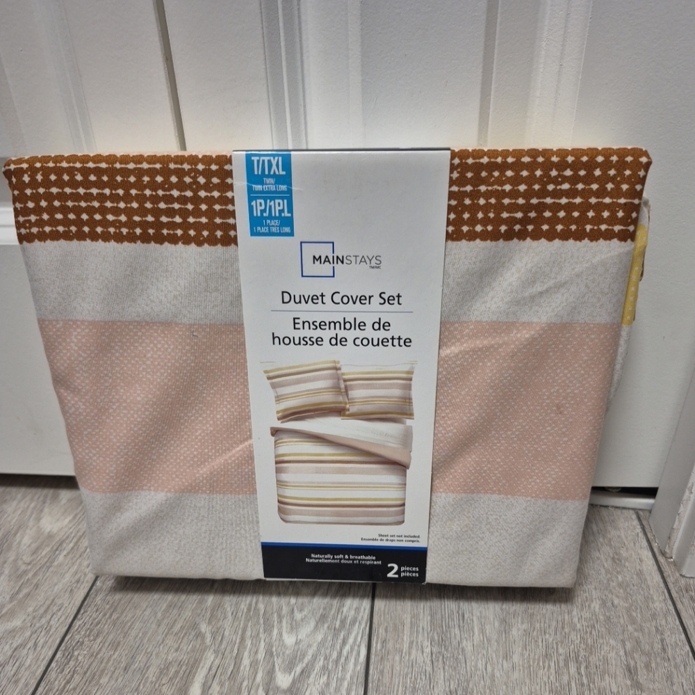 Mainstays 2pc Twin/Twin Extra Long Striped Duvet Cover Set in Pink,White & Brown